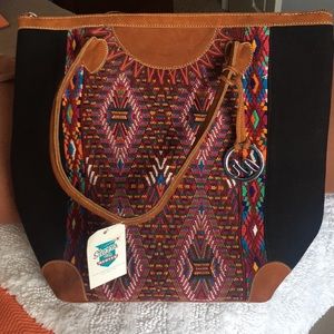 Colorful cloth and leather tote